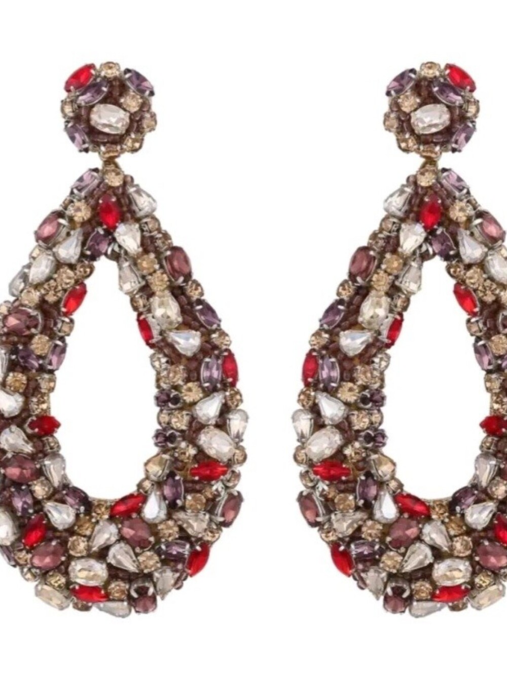 Hand-crafted Crystal Teardrop Statement Earrings - Red & Purple Accents